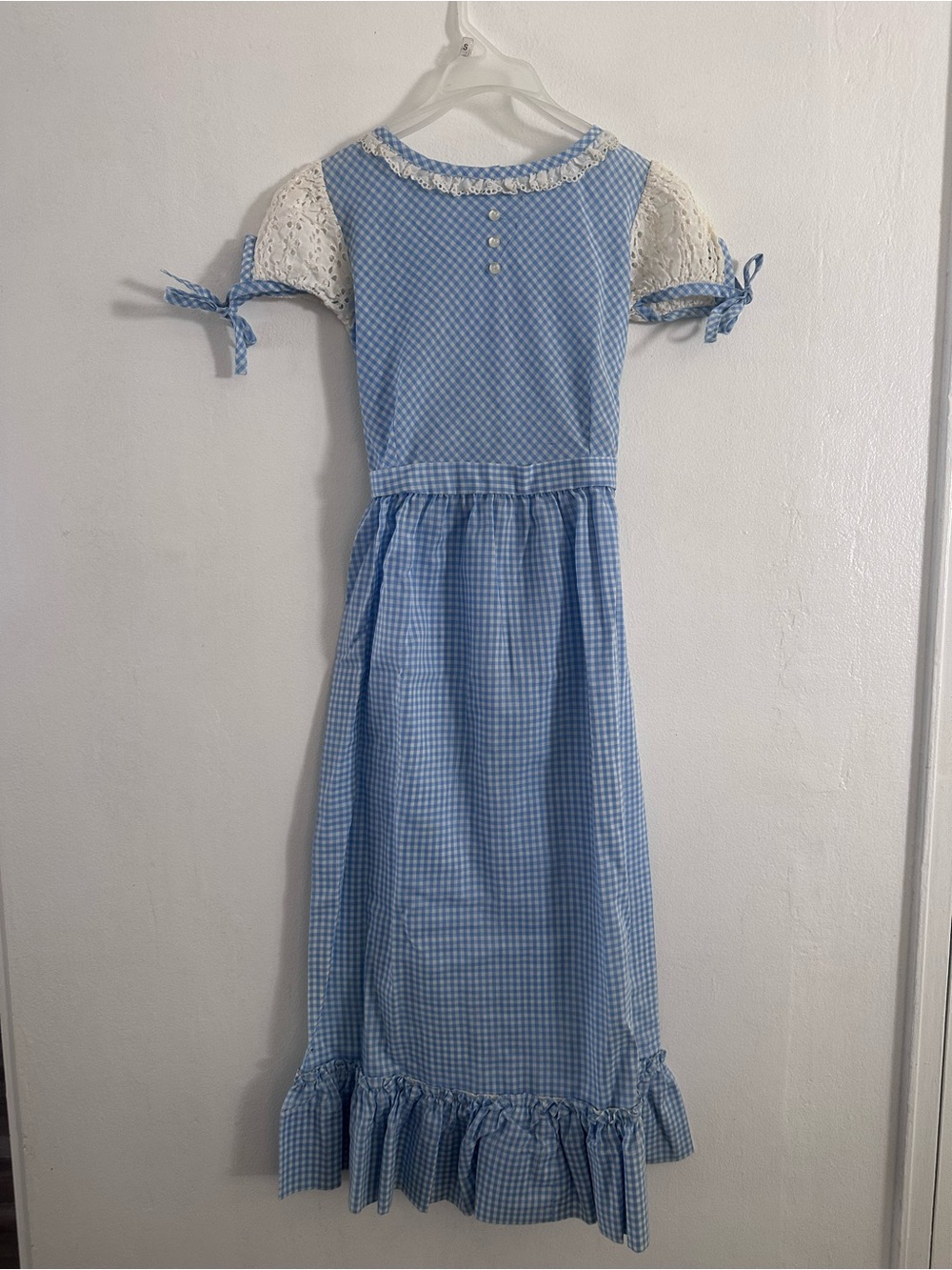 Vintage 50s Rockabilly Picnic Dress Blue Gingham Eyelet Lace Puff Sleeve